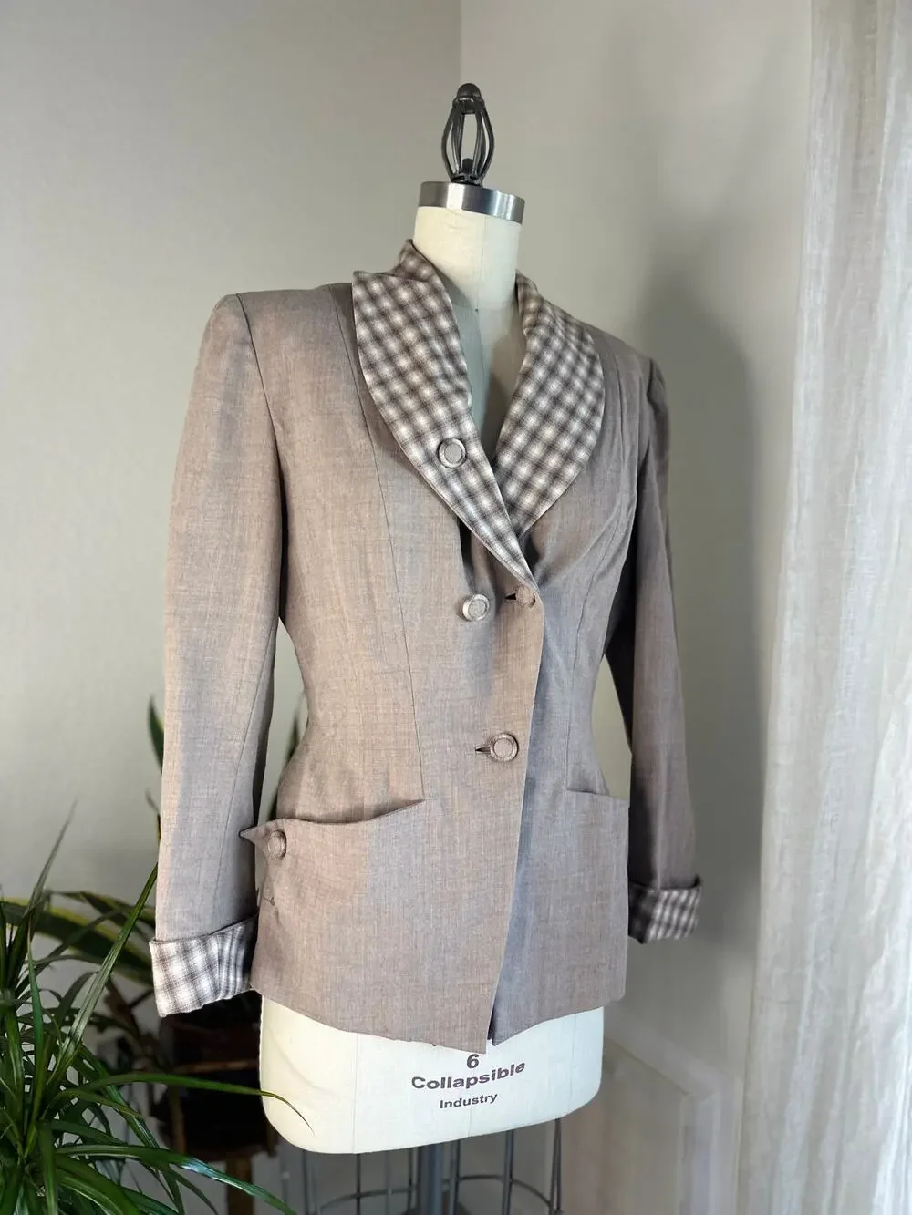 Walther Women's M Blazer Taupe Wool Gingham Collar Retro Button Front Vintage